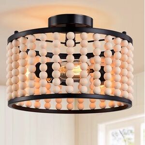 BRAND NEW Farmhouse Boho Light Fixture, 3-Light Wood Beaded Chandelier